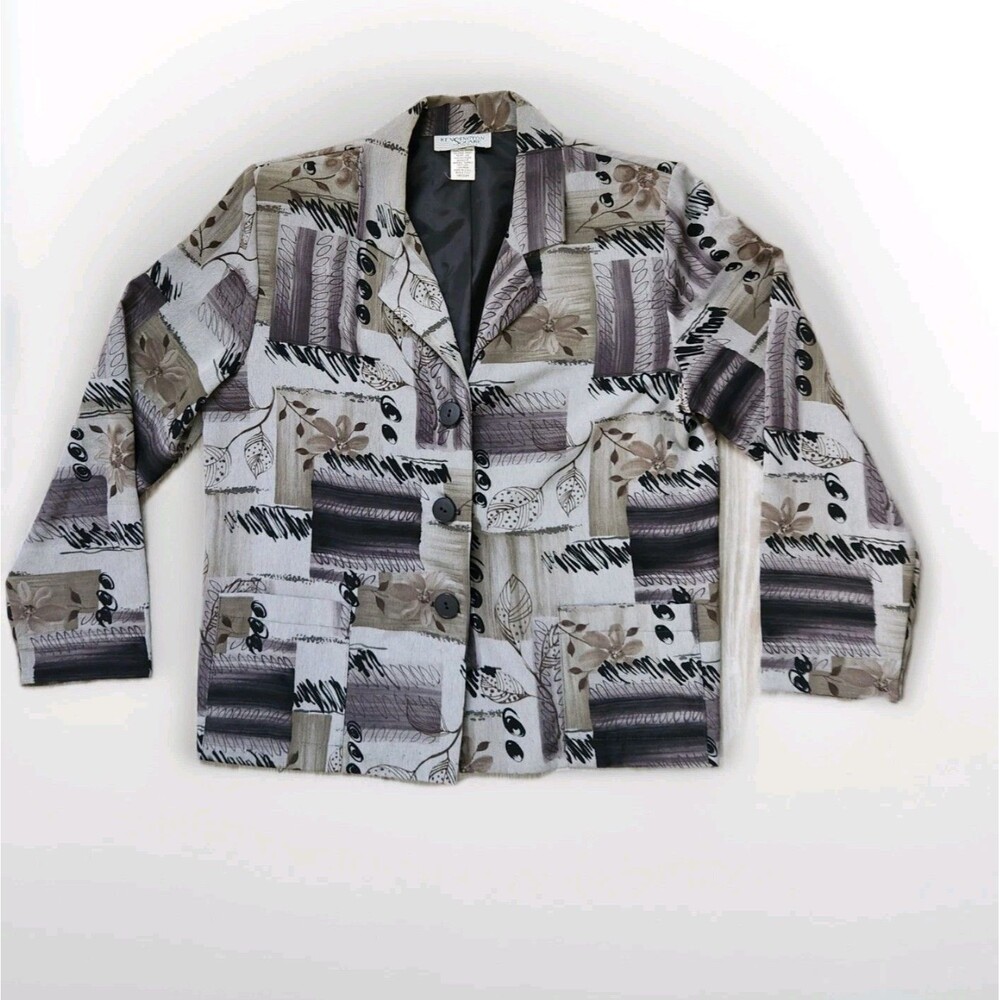 Kensington Square Abstract Print Blazer Jacket Gray Taupe Lined Womens M EUC